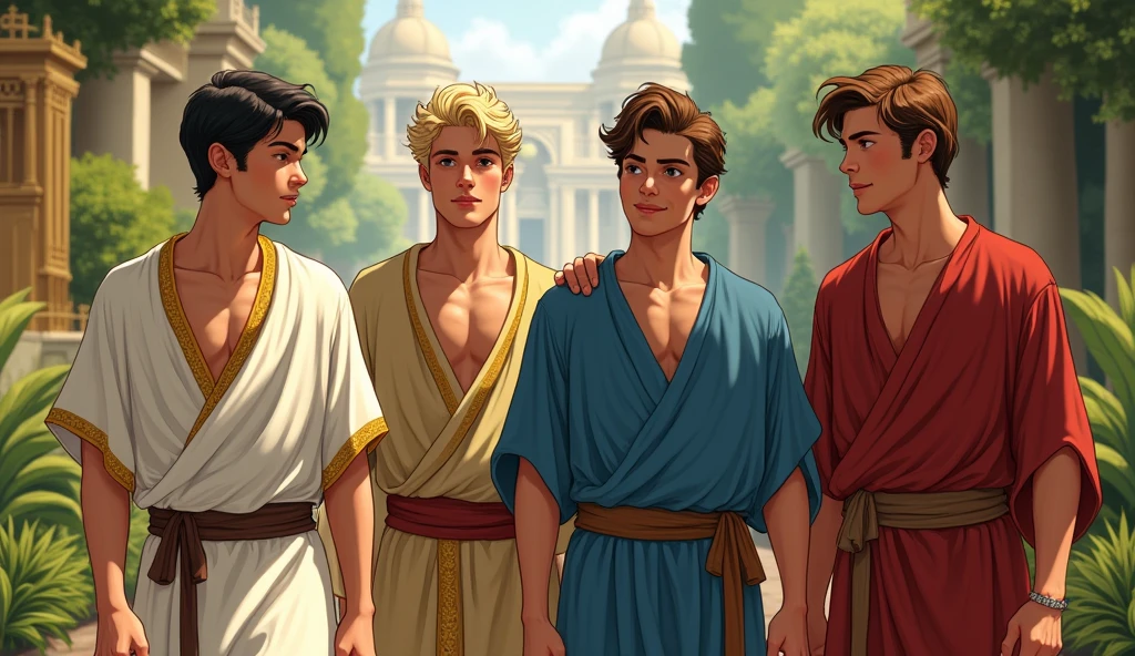 Four young Jews between 15 and who live in Babylon at the time of Nebuchadnezzar. One is called Daniel, he has dark hair, light skin, wears a white tunic with gold edges and looks very young. Another is called Asarias, he has blond hair, he is good-looking. Another Shadra has dark reddish hair, he wears a blue tunic and is smiling. Another Abel Negó has brown hair, he wears a red tunic. They look happy, well-dressed and in good health. One has blond hair, one has reddish hair, one has brown hair, one has black hair. Both are walking through the gardens of the royal palace.