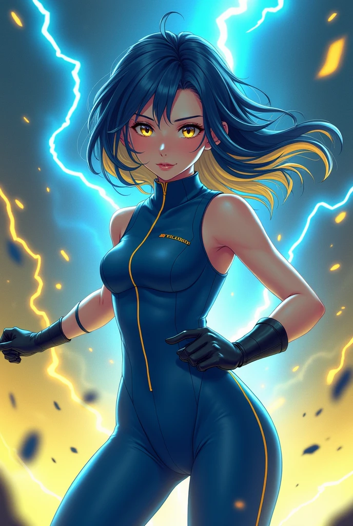 (Maximum quality), fantasy, blue and yellow hair, blue military suit, assessing, neon, electricity, slender girl, yellowish blue rays, High Definition, ultra detailed, in a hurry, anime, Filipino girl, sleeveless suit, simple military gloves, agente especial de assessing radiante