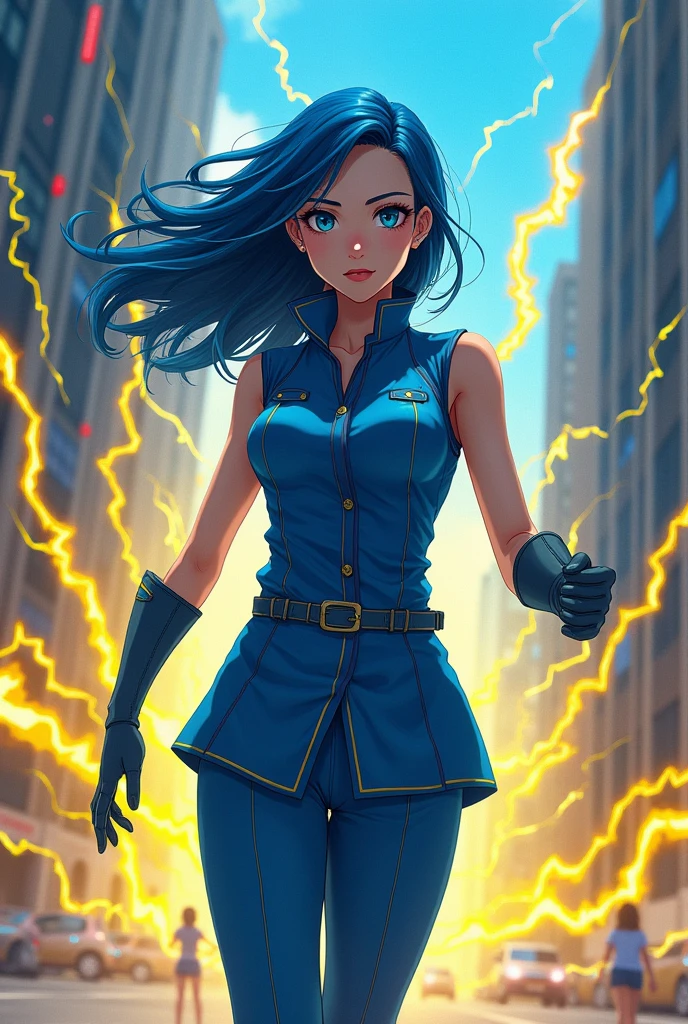 (Maximum quality), fantasy, blue and yellow hair, blue military suit, assessing, neon, electricity, slender girl, yellowish blue rays, High Definition, ultra detailed, in a hurry, anime, Filipino girl, sleeveless suit, simple military gloves, agente especial de assessing radiante