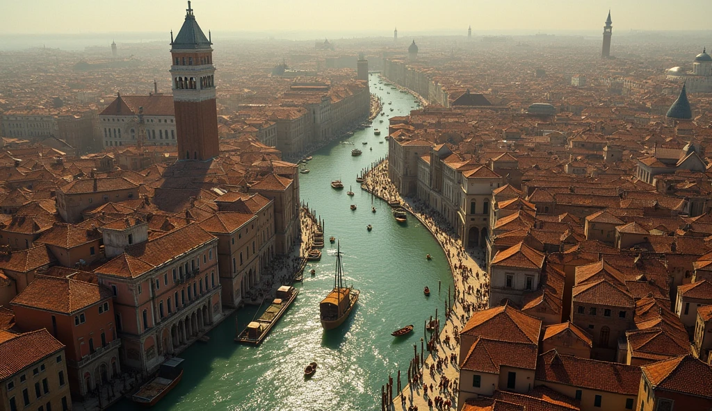 Venice in the 14th century, Europe in the Middle Ages, from above view, with very small buildings. With a lot of people, traders and people