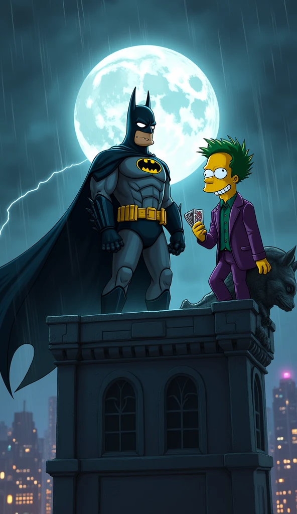 Create a dark, intense movie poster featuring Homer Simpson as Batman and Bart Simpson as the Joker, set in a gritty, ????-style Gotham City. Homer, dressed in a menacing, armored Batman suit, stands on the edge of a tall, shadowy building's rooftop, his cape billowing in the wind. His expression is serious and determined, highlighted by the white glow of the full moon in the background. The atmosphere is heavy with smoke and a light drizzle of rain, adding to the moody, tense vibe of the scene.
On the opposite side of the rooftop, Bart, as the Joker, leans casually against a gargoyle, his face painted with the Joker's signature sinister smile. He's dressed in a purple suit, with wild green hair, holding a deck of cards in one hand, and a mischievous, unsettling grin on his face. The poster is drenched in deep blues, blacks, and purples, with flashes of lightning illuminating the dark sky, capturing the ominous and thrilling essence of the Batman universe, reimagined with the iconic Simpson characters.