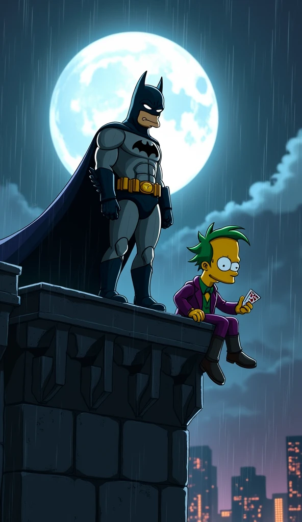 Create a dark, intense movie poster featuring Homer Simpson as Batman and Bart Simpson as the Joker, set in a gritty, noir-style Gotham City. Homer, dressed in a menacing, armored Batman suit, stands on the edge of a tall, shadowy building's rooftop, his cape billowing in the wind. His expression is serious and determined, highlighted by the white glow of the full moon in the background. The atmosphere is heavy with smoke and a light drizzle of rain, adding to the moody, tense vibe of the scene.
On the opposite side of the rooftop, Bart, as the Joker, leans casually against a gargoyle, his face painted with the Joker's signature sinister smile. He's dressed in a purple suit, with wild green hair, holding a deck of cards in one hand, and a mischievous, unsettling grin on his face. The poster is drenched in deep blues, blacks, and purples, with flashes of lightning illuminating the dark sky, capturing the ominous and thrilling essence of the Batman universe, reimagined with the iconic Simpson characters.