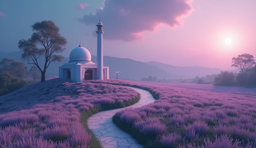 Cinematic scene - up corner: a tiny futuristic-style mosque in natural colors with access road to the mosque overgrown with pastel flowers in the middle of rice fields at night