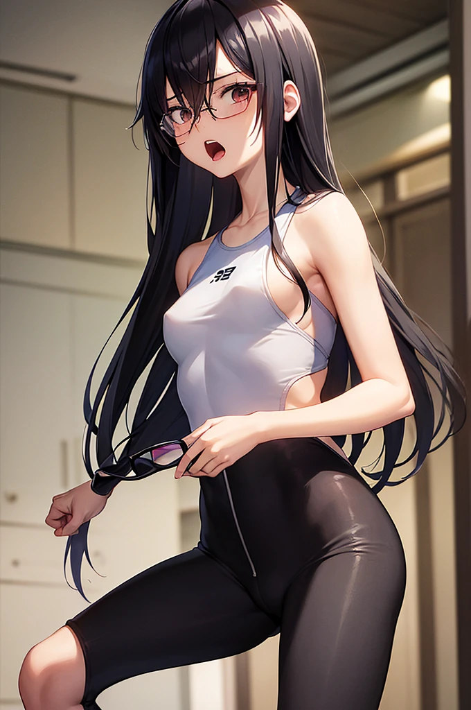 masterpiece, best quality,anime style, 1 girl,(((slender body))), (((small eyes))),(((athlete suit,glasses))),(((scream))), (beautiful face), (((straight hair))), ((((black hair)))),detailed beautiful skin, (perfect hands, perfect anatomy)