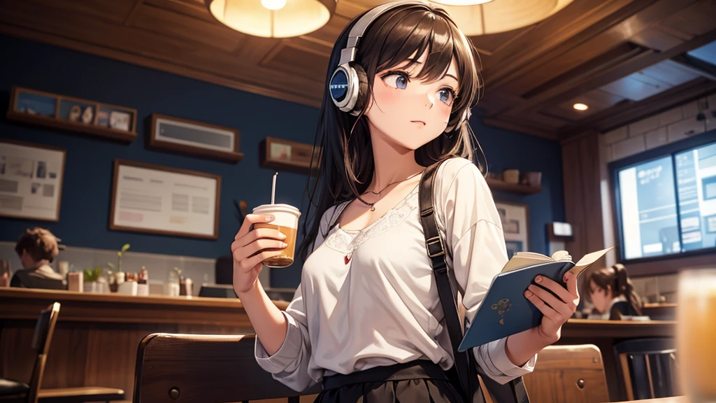 Girl with headphones enjoying music in a cafe I am studying Emphasize a little bit of the chest