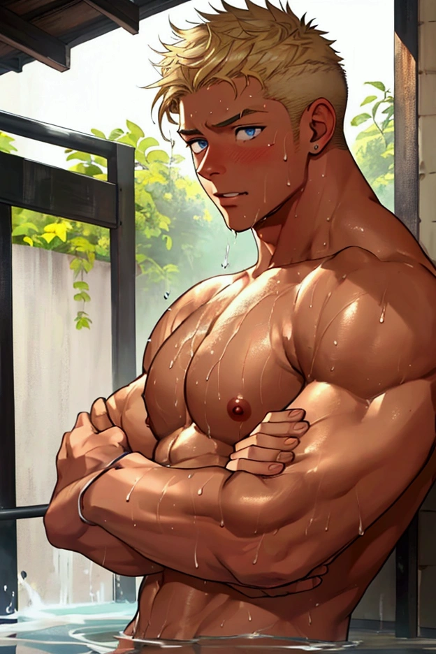 (Best quality, high-res, vivid colors), Bakugou Katsuki standing powerfully, his well-defined V-cut abs and muscular body, (((flaccid  penis and scrotum))) ((looking at viewer)) glistening with sweat in a luxurious bathroom, open door, opening door. His strong, intense gaze meets the viewer's eyes tenderly, conveying a sense of vulnerability and intimacy. Every inch of his body is completely exposed, showcasing his nakedness with absolute confidence. The details of his eyes and face are exquisitely rendered, capturing the intensity and determination that define his character. The lighting accentuates his chiseled physique, casting shadows that emphasize the contours of his muscles. The scene is filled with a warm, golden color palette, adding a touch of sensuality to the atmosphere.