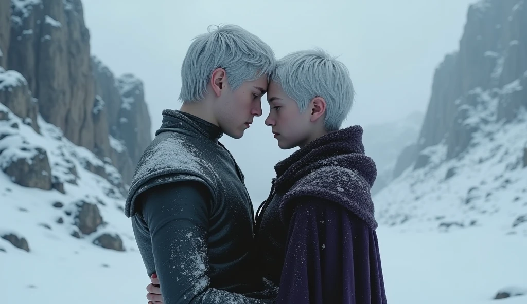 2boys, A targaryen teenager 1boy with  years (with silver short hair, silver eyebrows and purple eyes), Winterfell scenary, naked in the snow, couple, 1boy with 19 years (with silver short hair, silver eyebrows and purple eyes), couple