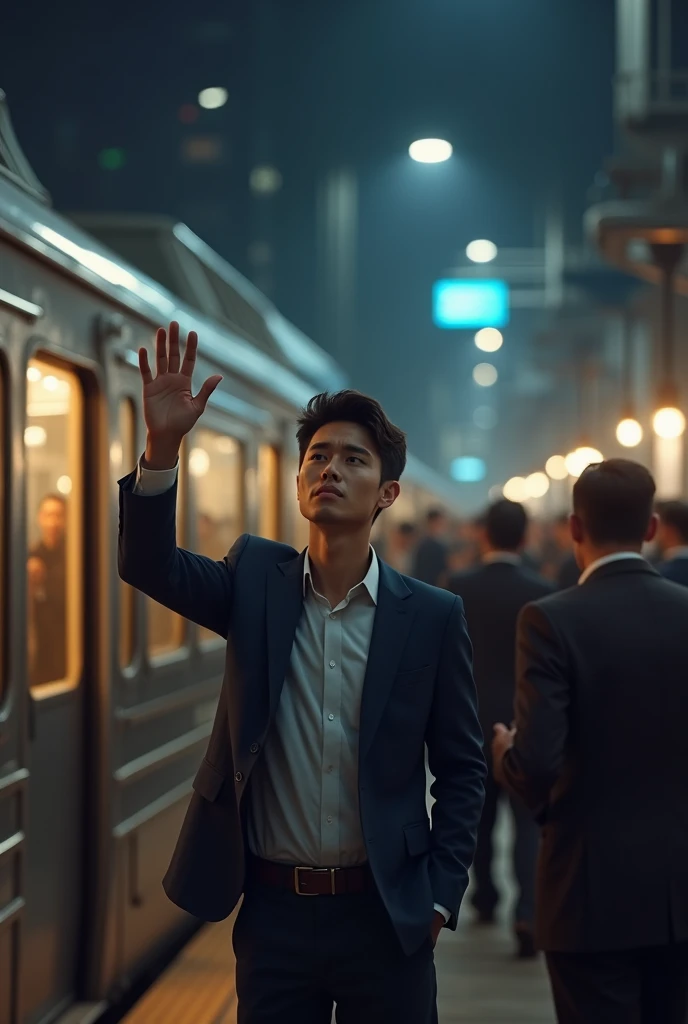 (photorealism:1.2), seorang pria muda memakai setelan jas bat the train station melambaikan tangan sebagai salam perpisahan(sad facial expression looking at the departing train with a 360° view), at the train station, crowded with people, lights at night, wagon