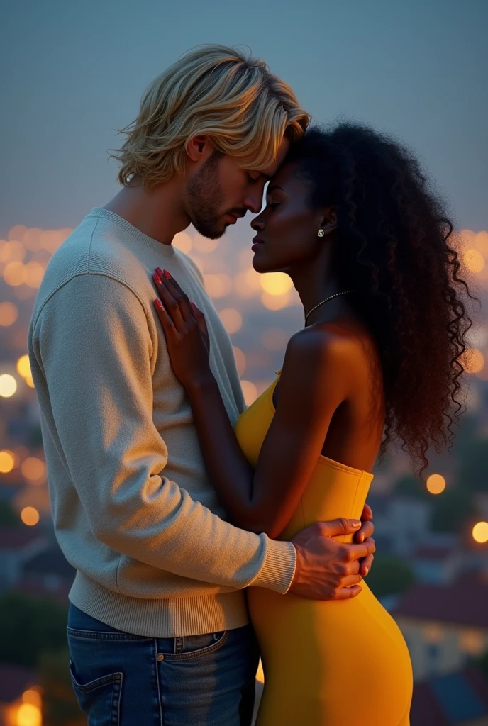 ((best qualityer)), ((work of art)), (detailded), 1 , skinned, off white, sweater , blackw shoulder, blue jeans, blonde hair at eye level, falling on your face, hugging 1 girl, skinned, blackw, Africana, Dark brown curly hair, Wear a yellow dress, in the background an illuminated city, full of houses at night.
INFO