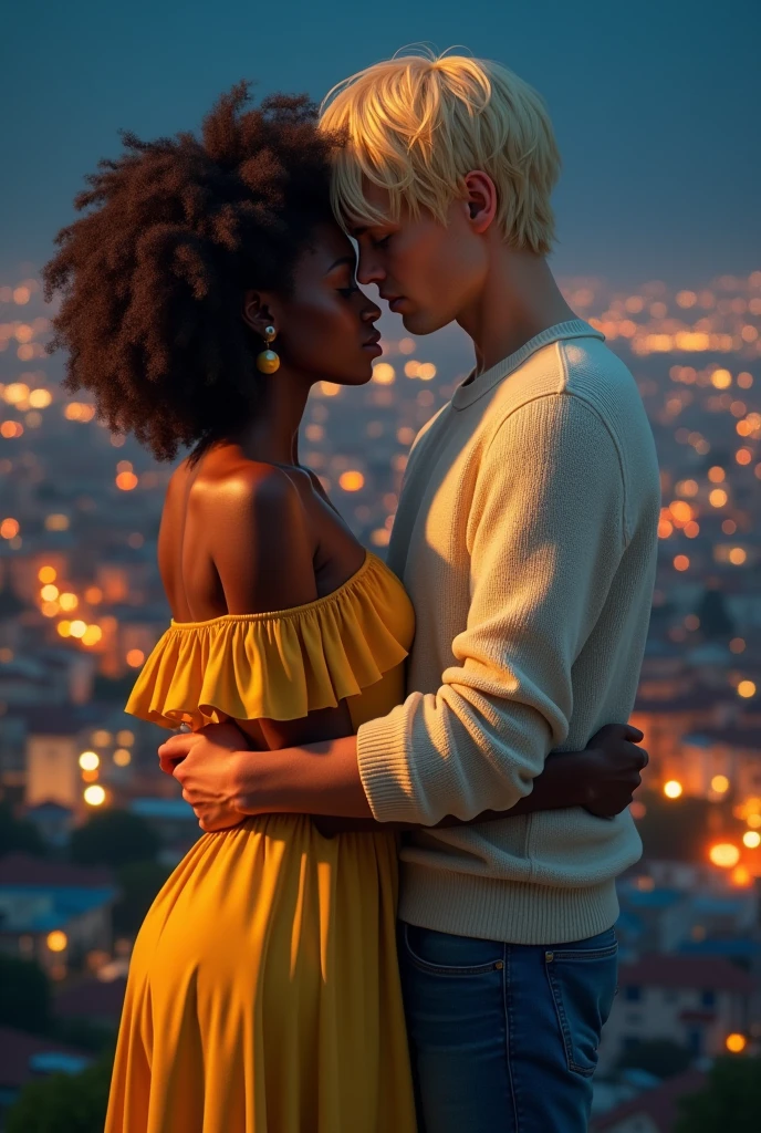 ((best qualityer)), ((work of art)), (detailded), 1 , skinned, off white, sweater , blackw shoulder, blue jeans, blonde hair at eye level, falling on your face, hugging 1 girl, skinned, blackw, Africana, Dark brown curly hair, Wear a yellow dress, in the background an illuminated city, full of houses at night.
INFO