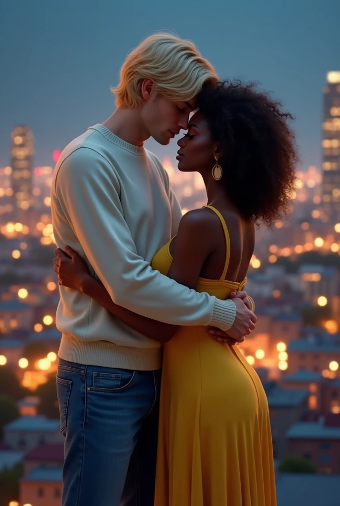 ((best qualityer)), ((work of art)), (detailded), 1 , skinned, off white, sweater , blackw shoulder, blue jeans, blonde hair at eye level, falling on your face, hugging 1 girl, skinned, blackw, Africana, Dark brown curly hair, Wear a yellow dress, in the background an illuminated city, full of houses at night.
INFO
