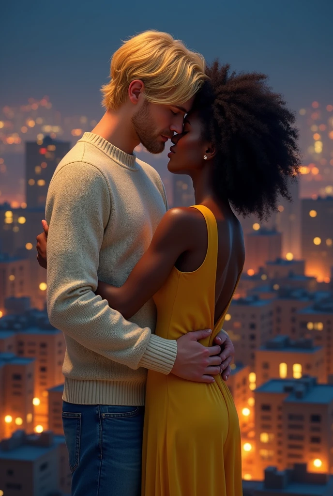 ((best qualityer)), ((work of art)), (detailded), 1 , skinned, off white, sweater , blackw shoulder, blue jeans, blonde hair at eye level, falling on your face, hugging 1 girl, skinned, blackw, Africana, Dark brown curly hair, Wear a yellow dress, in the background an illuminated city, full of houses at night.
INFO