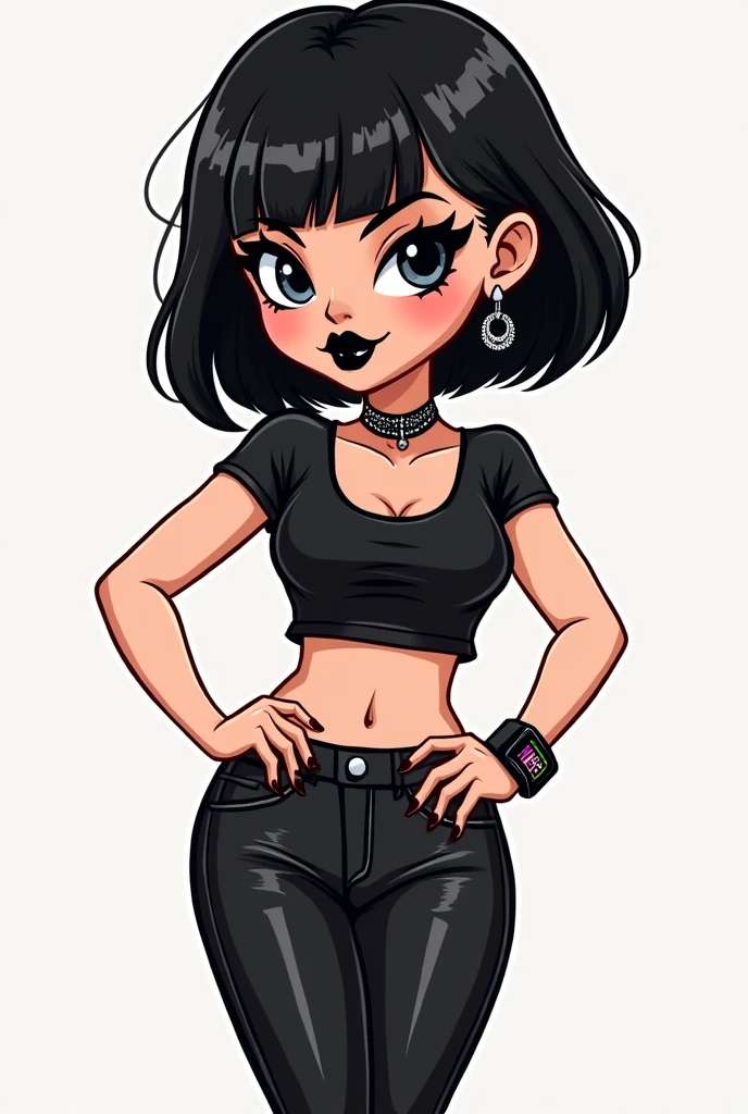make a cartoon illustration , of a woman with short black hair, short bangs, usa cropped preto, apple watch preto, half drag, short preto, wears black sneakers, wear black lipstick and black eyeliner