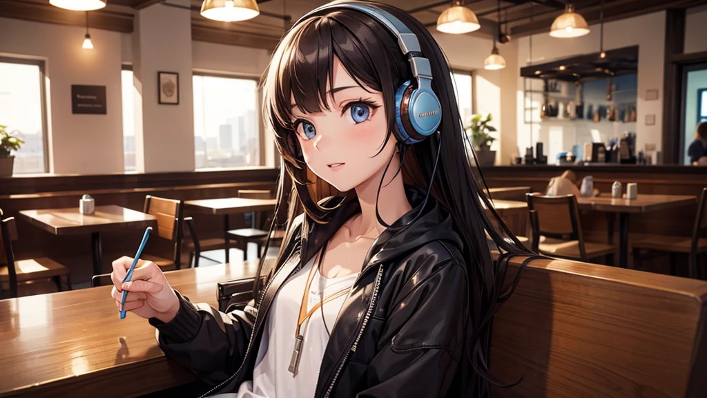 Girl with headphones enjoying music in a cafe　I am studying　Emphasize a little bit of the chest