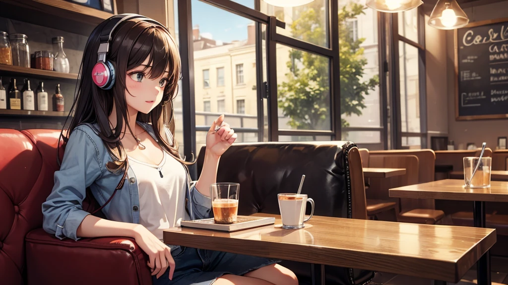 Girl with headphones enjoying music in a cafe I am studying Emphasize a little bit of the chest