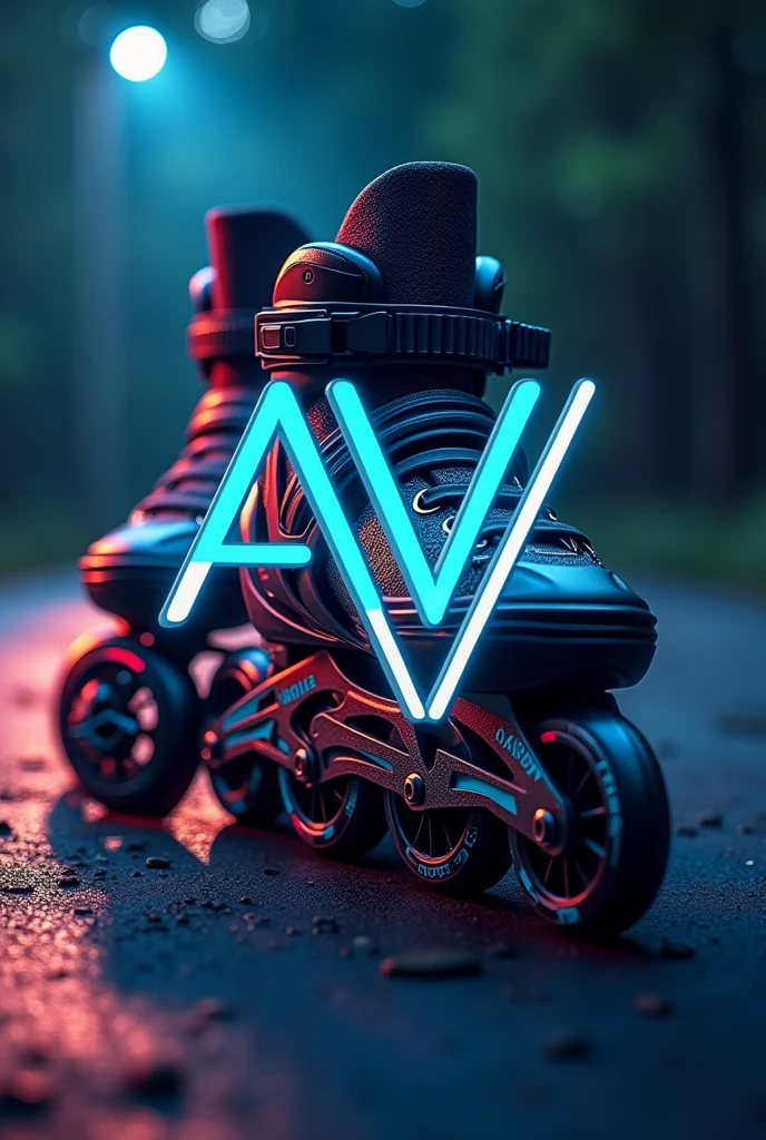 Logo with the letters AV and some professional inline skates in the background