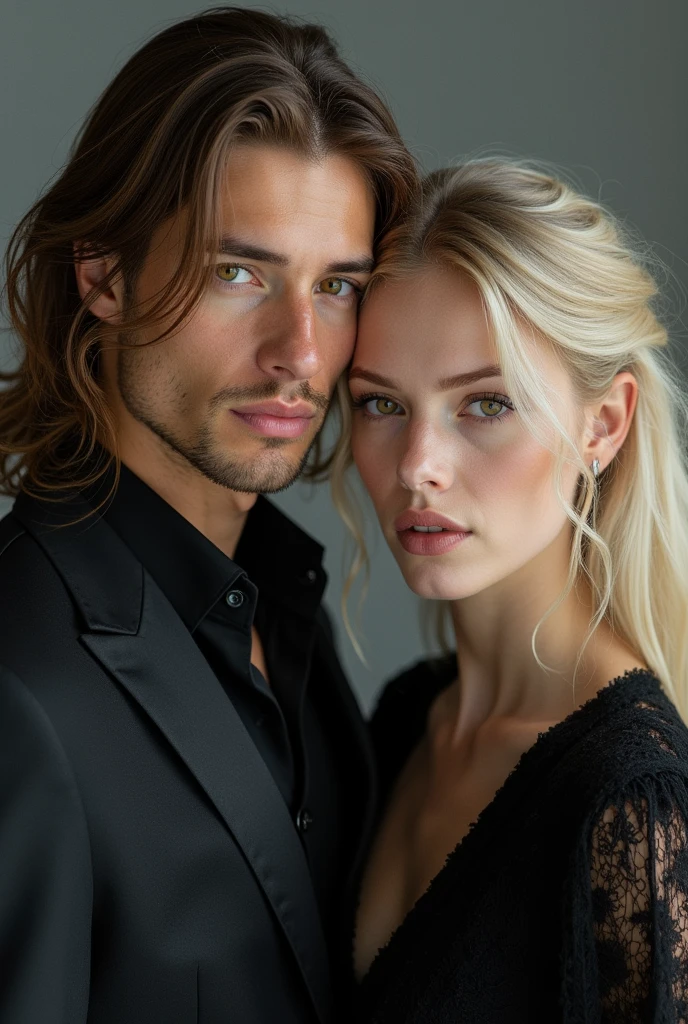 man and woman, The man must have long brown hair down to below the ears, Tez blanca, Without beard, tall and very handsome, the woman has to have blonde hair, Tez blanca, eyes the color of honey, angelic appearance, They both look forward with mysterious gazes, Gray background