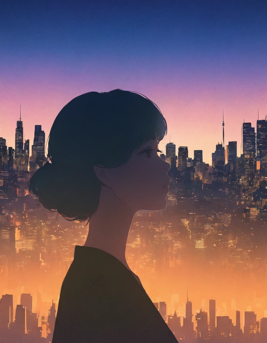 Silhouette of, City、大City、close, Double Exposure, The background is a gradation、