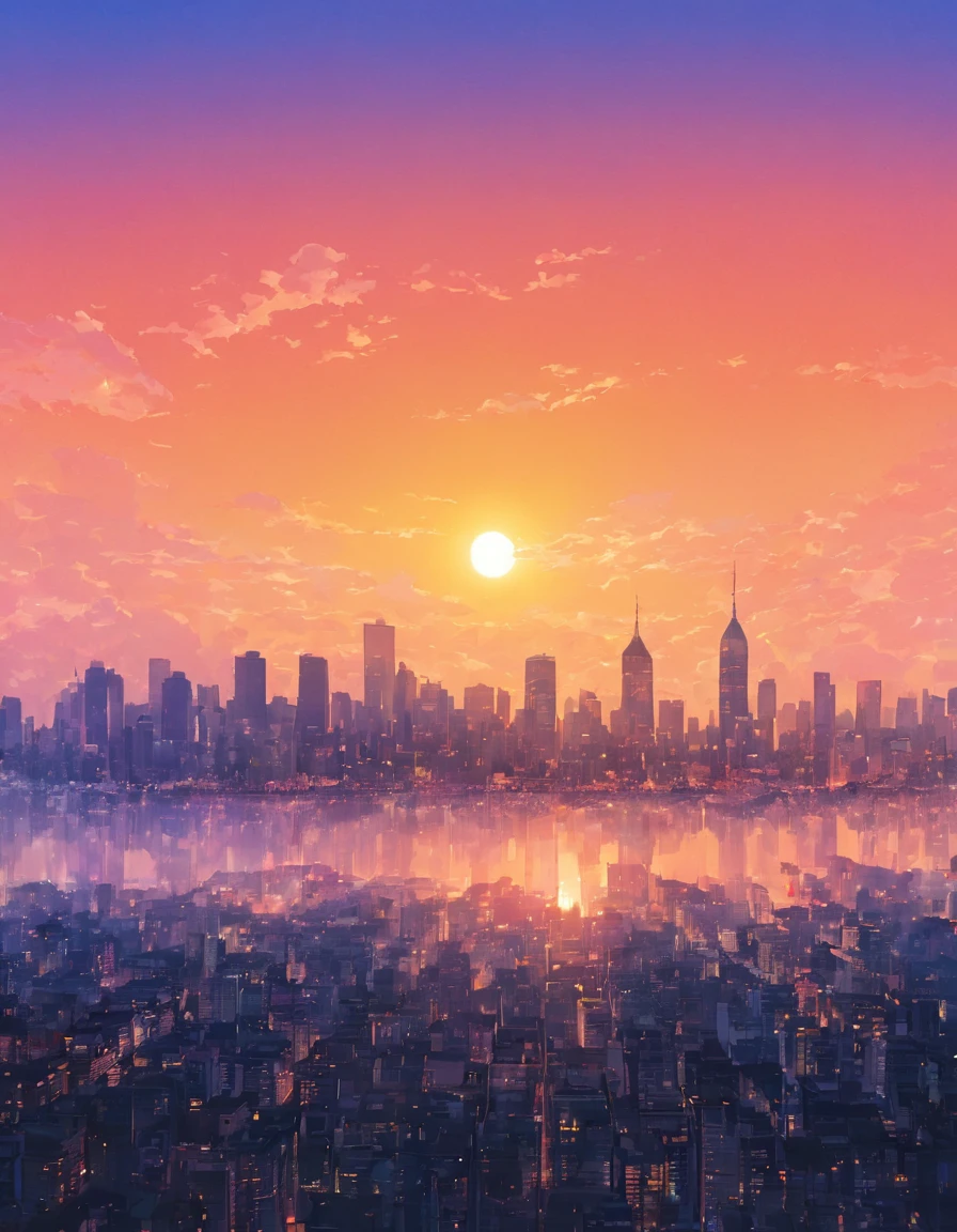 Silhouette of, City、大City、close, Double Exposure, The background is a gradation、