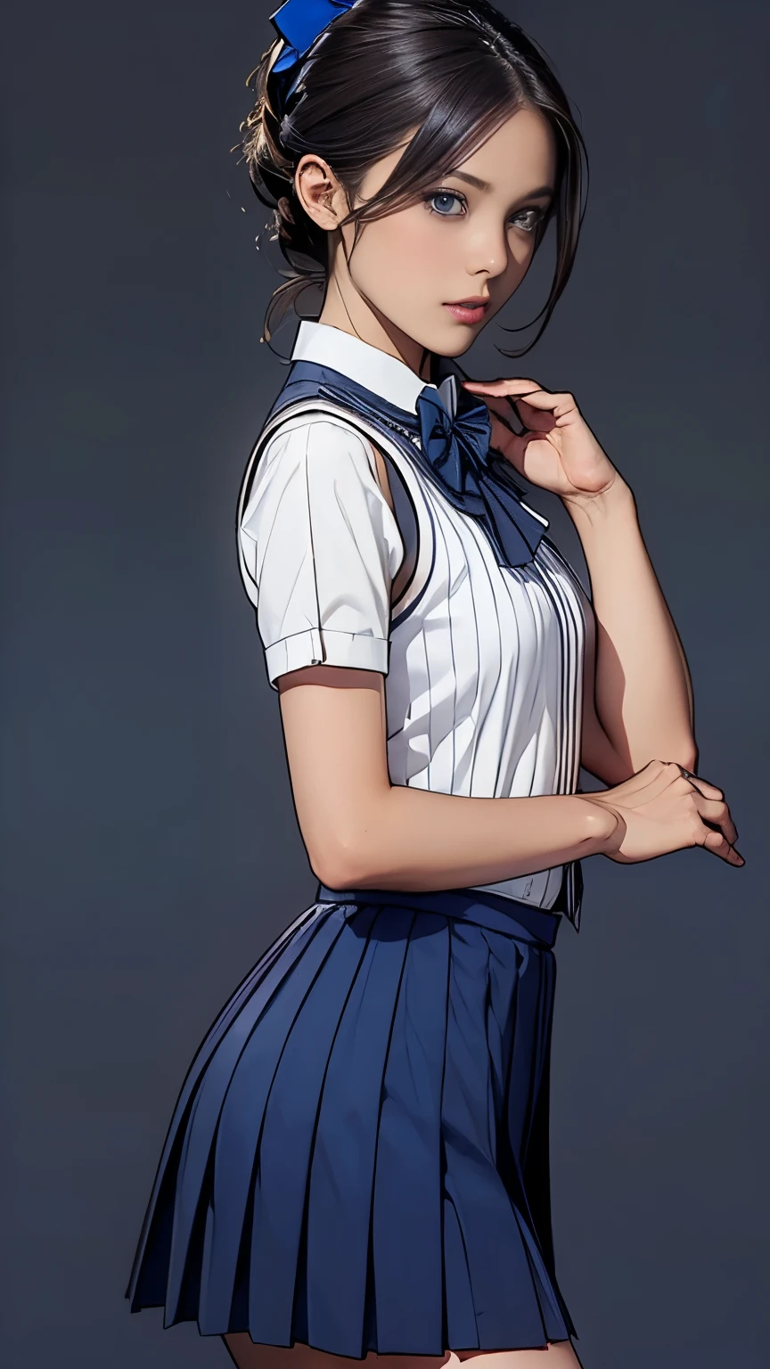 ((masterpiece)),(((best quality))),((Reference table, role conception, front, return, ~ ~ side, gentlemen..々hairstyle, gentlemen..々Performance, facial expression)), , Cute,  (Very slim:1.4),  (The butt is small:1.4), Realistic buttocks, Large Breasts, Short Bob, Thin thighs, Long legs, No big deal, ((High quality fabrics, Brown knitted vest, Short sleeve white collar shirt, Navy blue pleated skirt, Navy bow tie)), ((Browse:1.0))