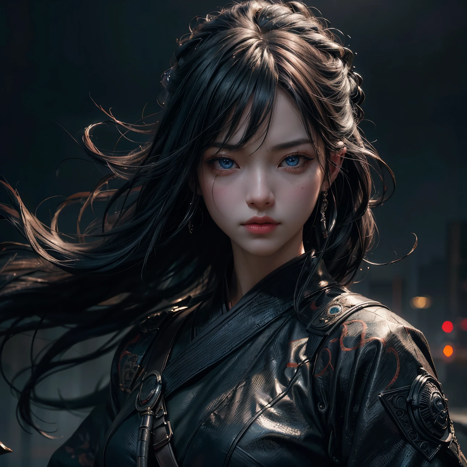 1girl, highly detailed, 8k, extremely detailed, ultra-detailed, close-up shot of a japanese warrior, one blue eye, ninja style clothes, black hair, fierce look, (best quality,4k,8k,highres,masterpiece:1.2),ultra-detailed,(realistic,photorealistic,photo-realistic:1.37),digital art,hyper detailed,intricate details,cinematic lighting,dramatic lighting,dark moody atmosphere,vibrant colors,dynamic composition