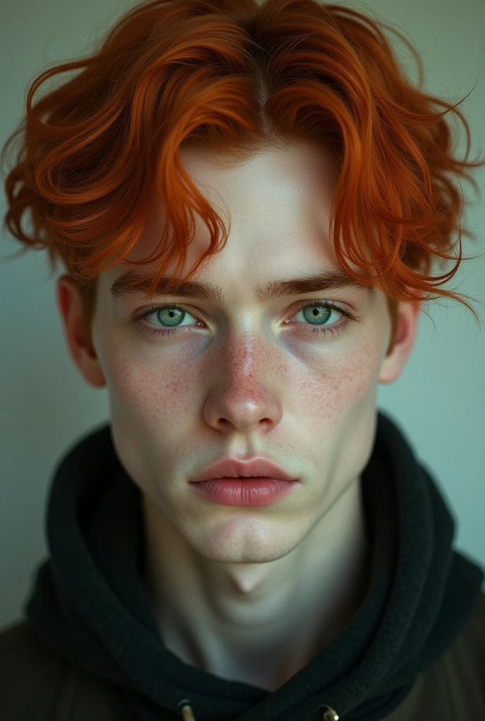 Portrait of a young pale man with bright red hair, slightly wavy. His eyes are an intense green, reflecting an aura of vulnerability and depth. He has a serious and thoughtful expression, with striking facial features and a melancholic look.