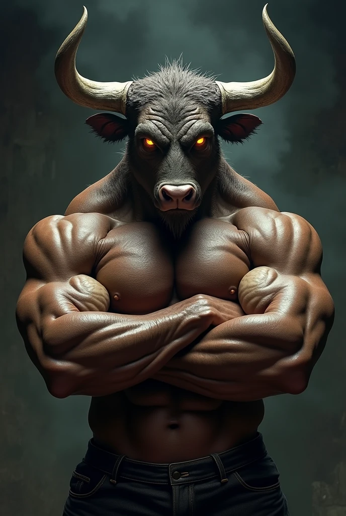 A muscular man with his arms crossed and the head of a raging bull