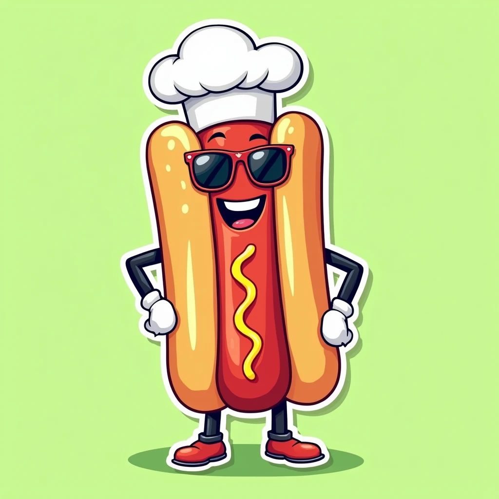 (best quality,4k,8k,highres,masterpiece:1.2),ultra-detailed,(realistic,vector,logo), hotdog character,vector flat illustration,cartoon style,sunglasses,chef white hat,white gloves hands,sticker,green background,dynamic,vibrant colors,clean design,minimalist,playful,whimsical,fun,energetic,humorous,appealing,attractive,iconic,brand mascot,brand identity,brand : flat sticker vector 2d