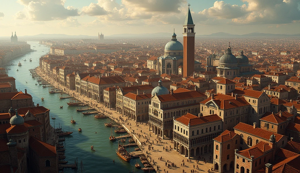Venice in the 14th century, Europe in the Middle Ages, from above view, with very small buildings and no towers. With a lot of people, traders and people
