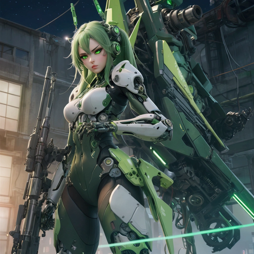 ((masterpiece)), (Textured skin), ((Attention to detail)), Highest quality, Awards, 8k, Beautiful woman, Mecha Girl (Green Machine Parts), (Mechanical body:1.2), A complex armament, Android woman, Twin tails, Pick Hair, Night Sky, Neon Light, Megalopolis, rifle，Confused eyes，Expressionless