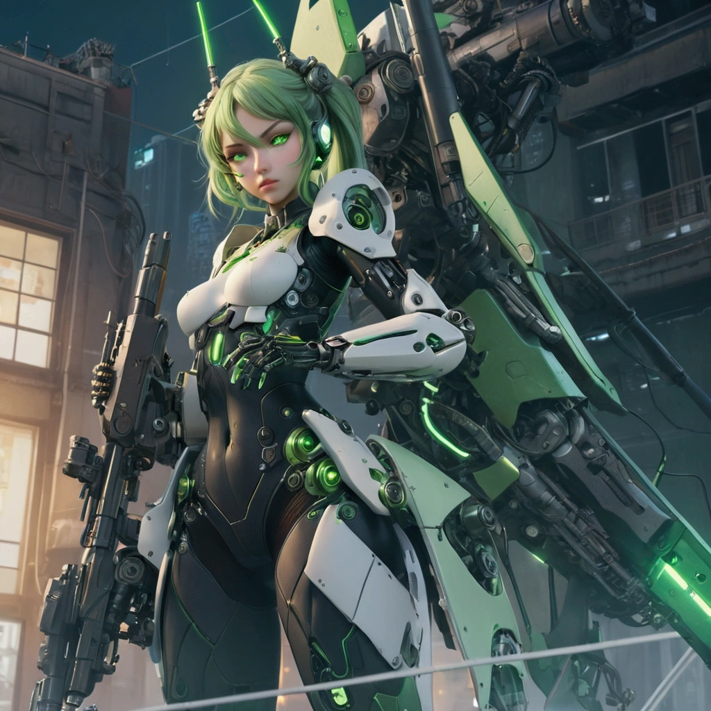 ((masterpiece)), (Textured skin), ((Attention to detail)), Highest quality, Awards, 8k, Beautiful woman, Mecha Girl (Green Machine Parts), (Mechanical body:1.2), A complex armament, Android woman, Twin tails, Pick Hair, Night Sky, Neon Light, Megalopolis, rifle,Confused eyes,Expressionless