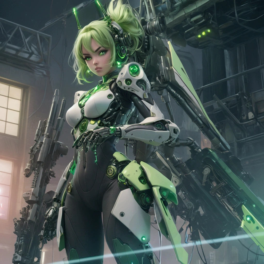 ((masterpiece)), (Textured skin), ((Attention to detail)), Highest quality, Awards, 8k, Beautiful woman, Mecha Girl (Green Machine Parts), (Mechanical body:1.2), A complex armament, Android woman, Twin tails, Pick Hair, Night Sky, Neon Light, Megalopolis, rifle,Confused eyes,Expressionless