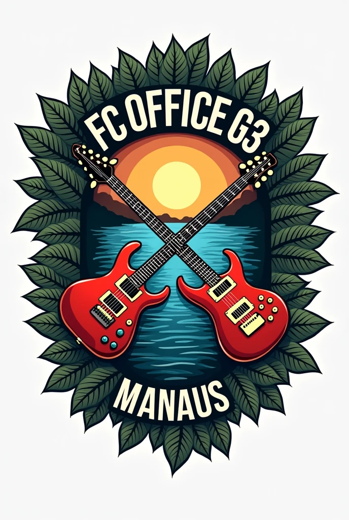 create a logo with the meeting of the waters, highlighting rock musical instruments crossing the center, wrapped in a frame with Amazon leaf patterns, Written "FC Office G3 Manaus"