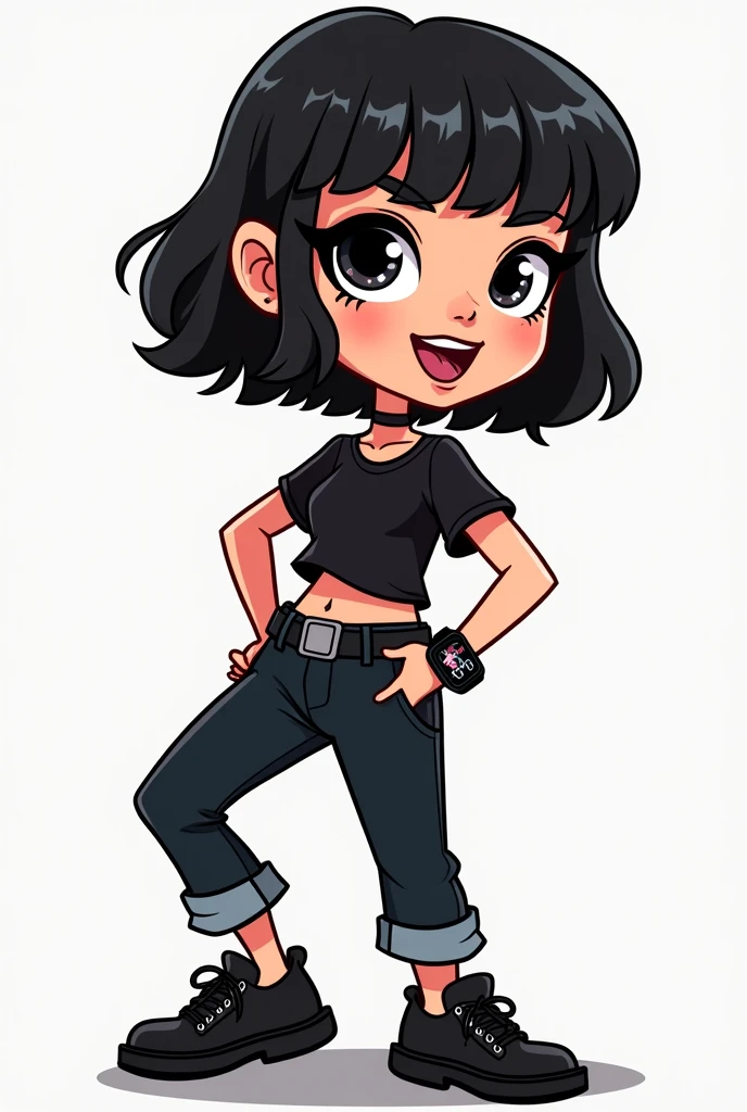 make a cartoon illustration , of a woman with short black hair, short bangs, usa cropped preto, apple watch preto, half drag, short preto, wears black sneakers, wear black lipstick and black eyeliner