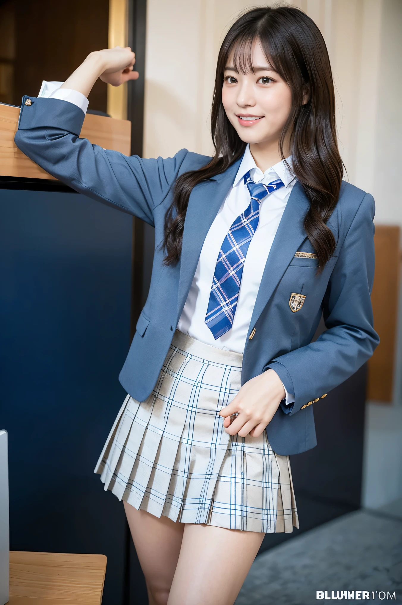 (8K), (highest quality: 1.2), (Realistic), (Realistic: 1.37), Ultra-high resolution, 3 girl, cute, (Embarrassed smile:1.2), (Blushing:1.4),Mouth closed, Beautiful details, Beautiful Nose, (white gold color straight Hair), giant dulcefo, pork, Thighs,Navel exposed,University Student Uniform,A simple blazer,Pleated skirt,(The skirt and tie are tartan check pattern.:1.3), (standing on a kingdom:1.2),(Shiny Thighs:1.4), (medium shot :1.2),(from behind:1.3), (dark blue high socks:1.2),(スカートの中に黒いホットパンツを履いている:1.5), (super low angle:1.5)