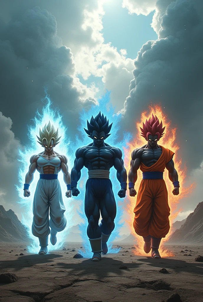 I want you to generate a picture of a fully mastered ultra instinct goku, ultra ego vegeta and black frieza all walking side by side into a battle