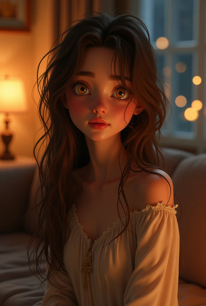 The living room is dimly lit, creating a cozy atmosphere. The character has long, straight, messy, browns hair, bright yellow eyes, snow-white skin, a perfect and delicate face, she is very beautiful and is 2, make the image in the Pixar style Disney, in 9:16 format.