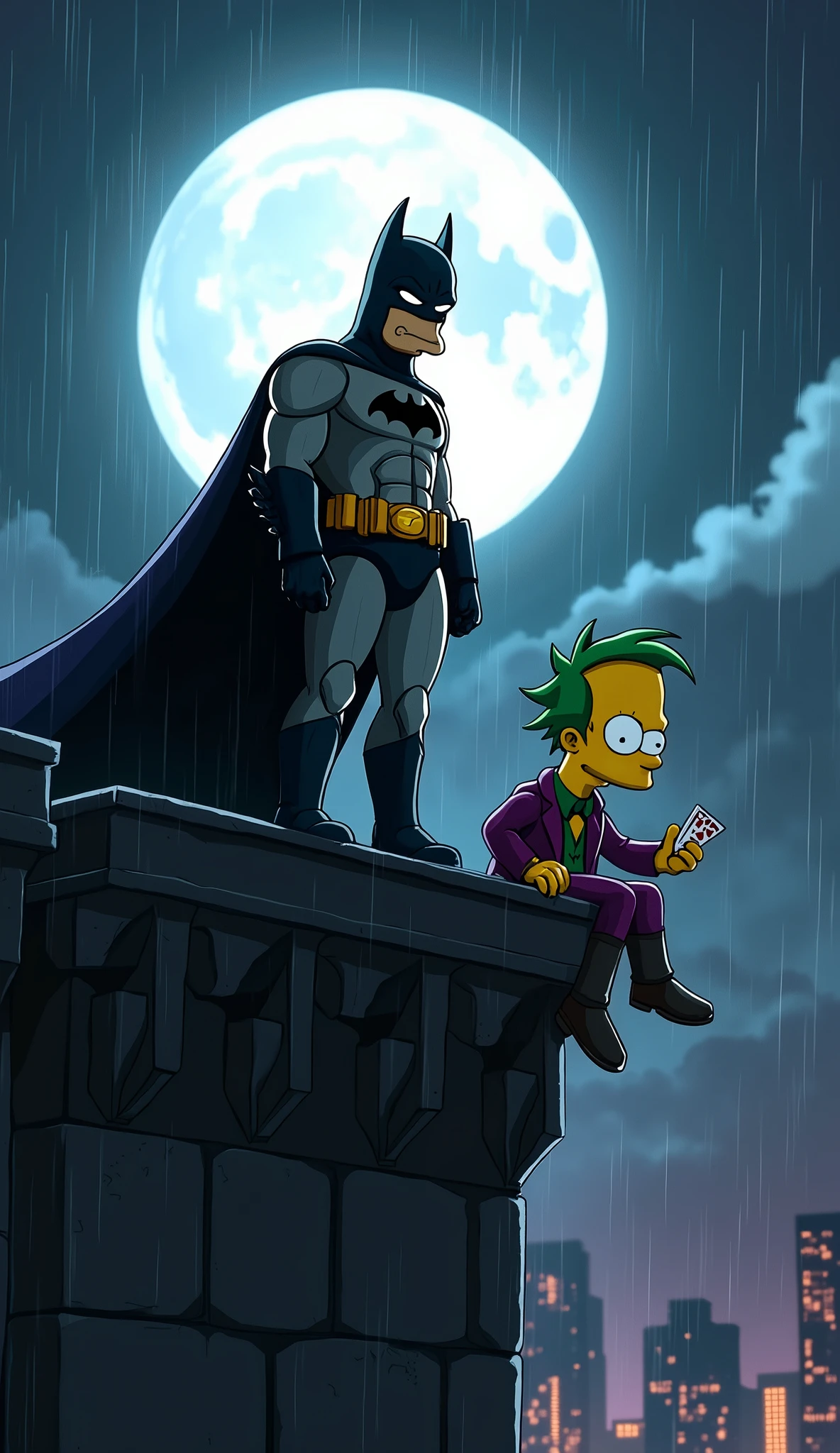 Create a dark, intense movie poster featuring Homer Simpson as Batman and Bart Simpson as the Joker, set in a gritty, noir-style Gotham City. Homer, dressed in a menacing, armored Batman suit, stands on the edge of a tall, shadowy building's rooftop, his cape billowing in the wind. His expression is serious and determined, highlighted by the white glow of the full moon in the background. The atmosphere is heavy with smoke and a light drizzle of rain, adding to the moody, tense vibe of the scene.
On the opposite side of the rooftop, Bart, as the Joker, leans casually against a gargoyle, his face painted with the Joker's signature sinister smile. He's dressed in a purple suit, with wild green hair, holding a deck of cards in one hand, and a mischievous, unsettling grin on his face. The poster is drenched in deep blues, blacks, and purples, with flashes of lightning illuminating the dark sky, capturing the ominous and thrilling essence of the Batman universe, reimagined with the iconic Simpson characters.