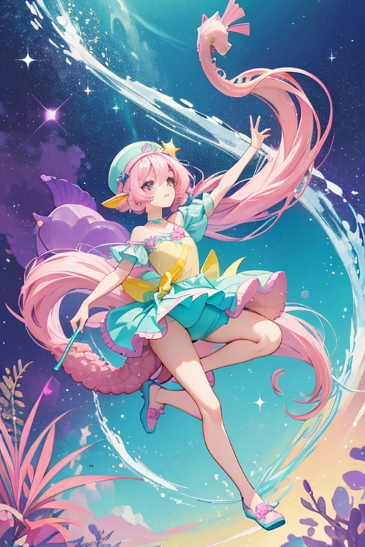 Sedda is a light pink seahorse with dark pink hair.
She wears a teal and purple swimsuit with a yellow star.
She comes with a blue headpiece, purple shoes that wrap her legs, and a pink seahorse tail skirt. SPARKLE; GLITTER
