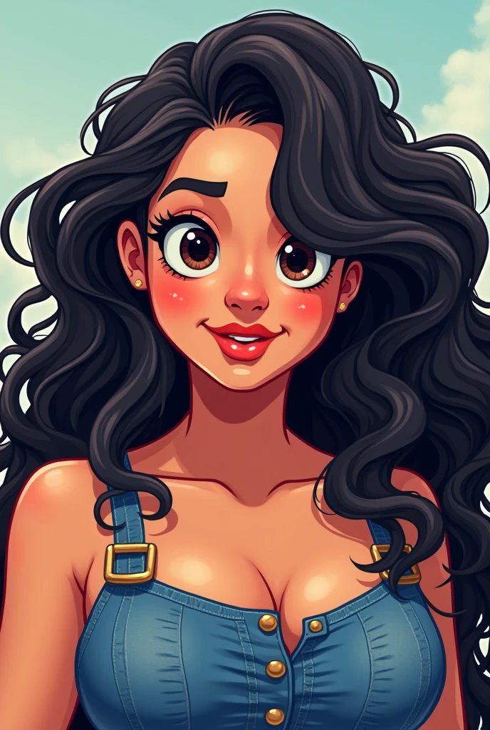 brunette woman, black person hair curly kinky layered long defined white streak, chubby, denim clothing, Brown eyes, reddened mouth, dark eyes, big and wide face, Disney pixel animation style wide nose