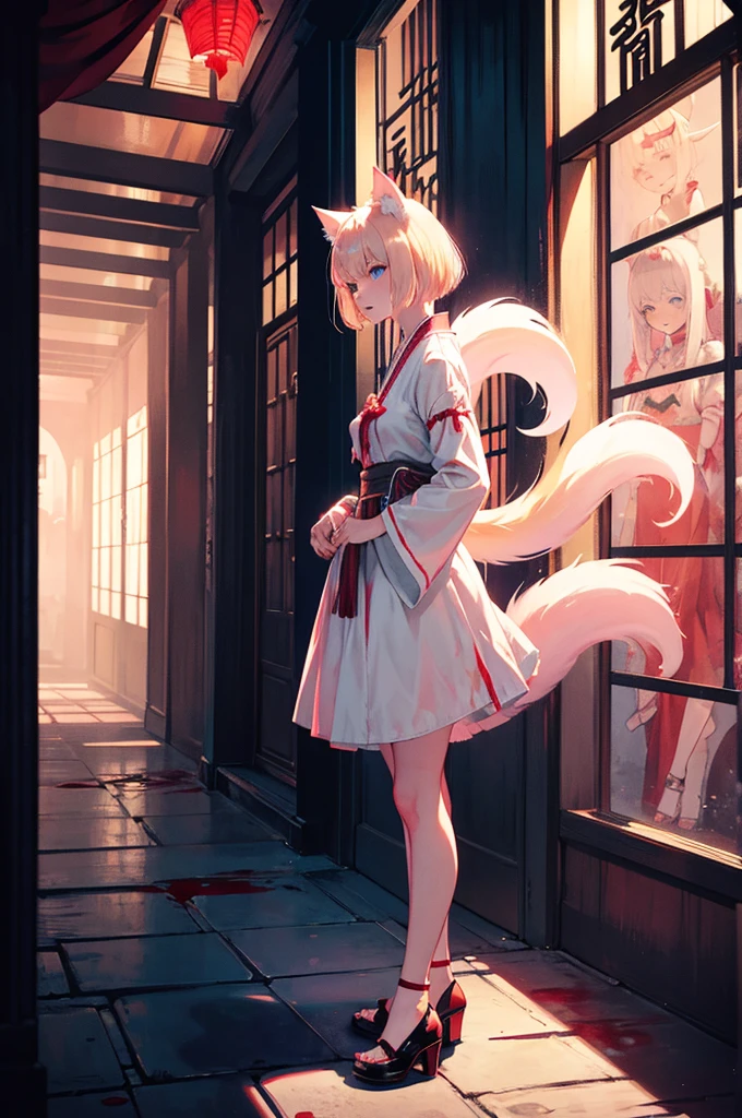 horror, fullbody, blond hair, short hair, cat ears, blue eyes, female, shrine maiden, pink, white, red, two tails, scary, creepy, fatal frame, blood, shadow, dark, ghost, haunted, bent neck,
