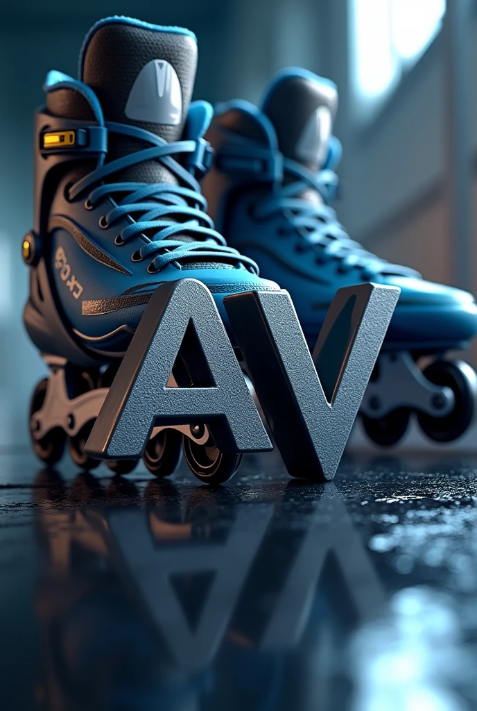 Logo with the letters AV and some professional inline skates in the background