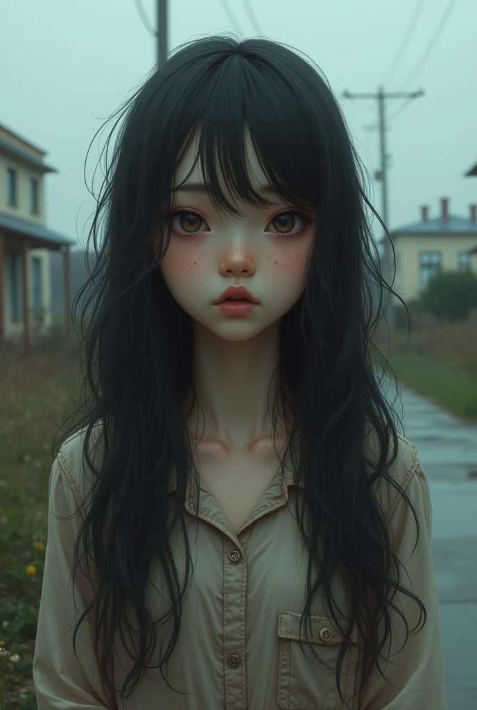 A girl with long hair and layered bangs, bankrupt heartbroken disoriented. Sad eyes like about to cry. 15 years of struggling. Since childhood, always lived in negative criticism from family. She is wearing white.. She is 3 with a deep womanly experience.