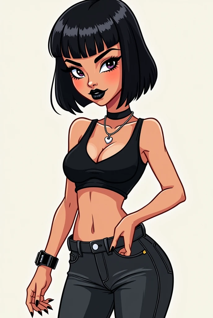 make a cartoon illustration , of a woman with short black hair, short bangs, usa cropped preto, apple watch preto, half drag, short preto, wears black sneakers, wear black lipstick and black eyeliner