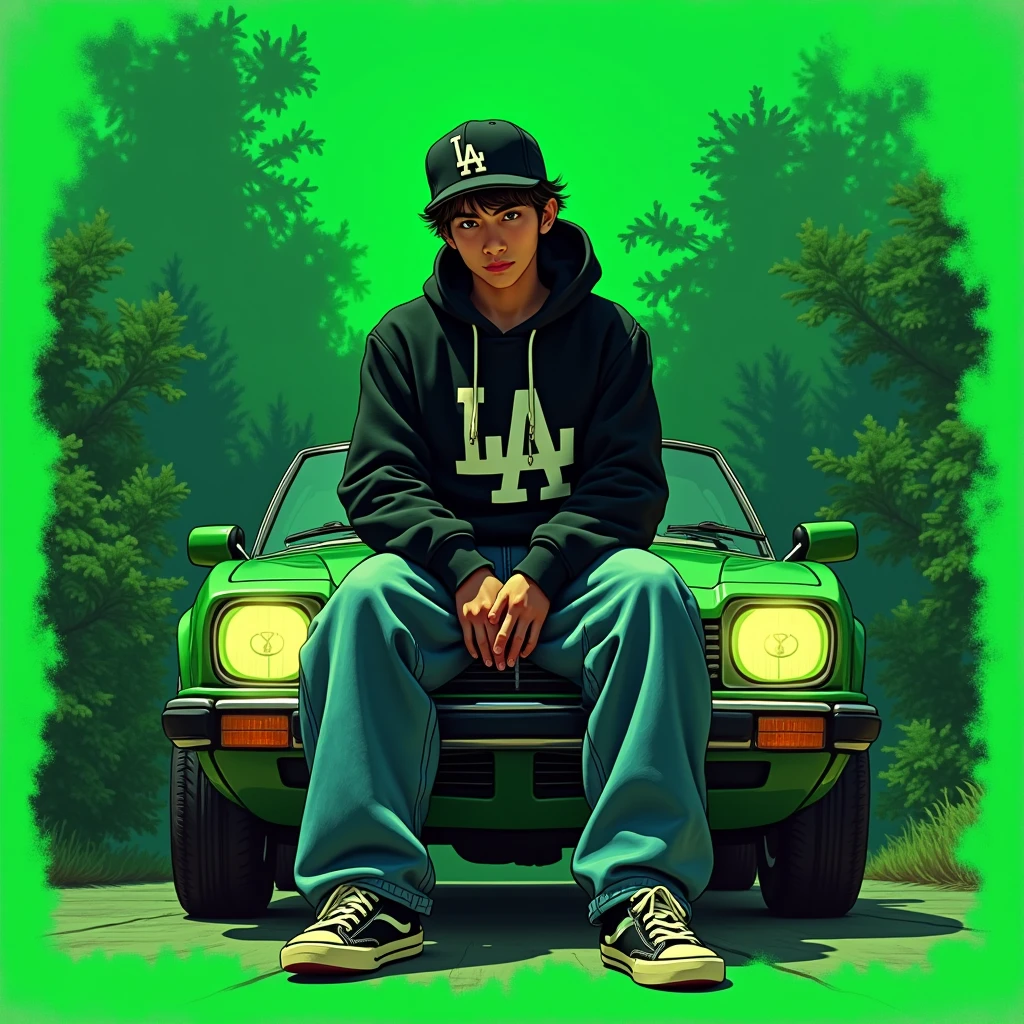 G-FUNK Hip Hop Album Cover, Green Background, Green Tea, With If WONA behemes a gangster on the back of the painting, an Asian troublemaker wearing a black LA hoodie, a black LA ball cap with a deep press and a wide pair of jeans to let a boy sit on the bonnet of his car