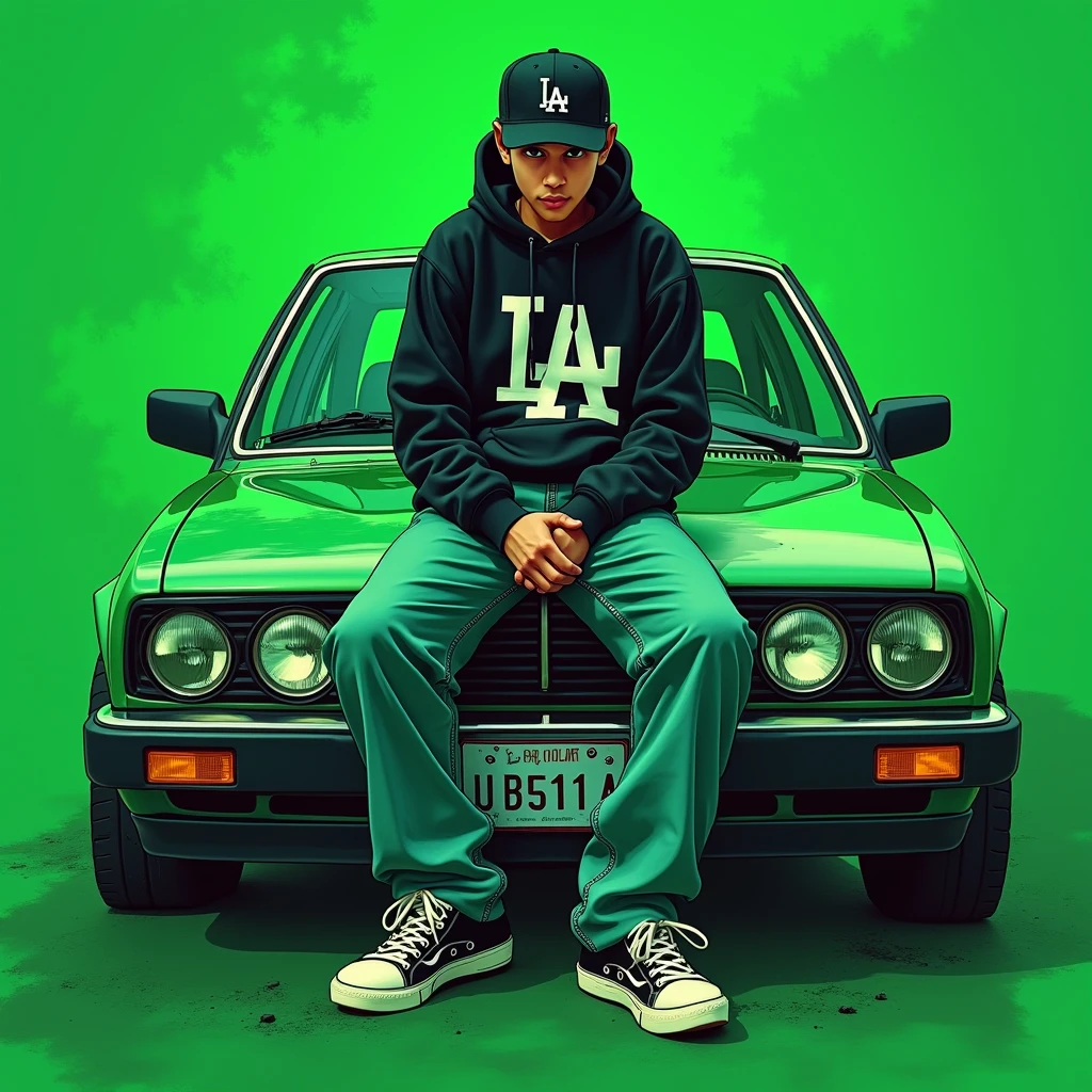 Image of a man sitting on the bonnet of a car, Yoshihiko Wada's album cover, winner of the behance contest, Doodle, official artwork, rap album cover, hip - hop album art cover, colored album art, hip hop music album cover, rap album cover art, official fanart, GTA Cover, hip hop album cover, album art cover, cartoon, Disgruntled Asian Boy, Running car, Green background, green tea, Deep pressed black LA ball cap, white nike shoes, Black LA Hoodie, Baggy jeans worn down, black neighborhood, Skull, drug, The city seen from behind