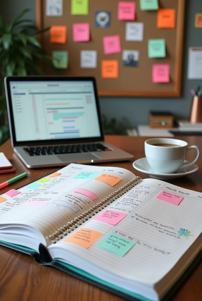 A neatly organized workspace representing the concept of planning and goal setting. A desk with a calendar, a planner open to a well-structured weekly schedule, and sticky notes outlining specific tasks and deadlines. A vision board in the background displays inspiring images and key objectives. The scene is well-lit, with a cup of coffee and a laptop open to a productivity app, symbolizing focus and determination. The atmosphere is calm yet purposeful, with a sense of clarity and direction as each element on the desk contributes to achieving long-term goals.