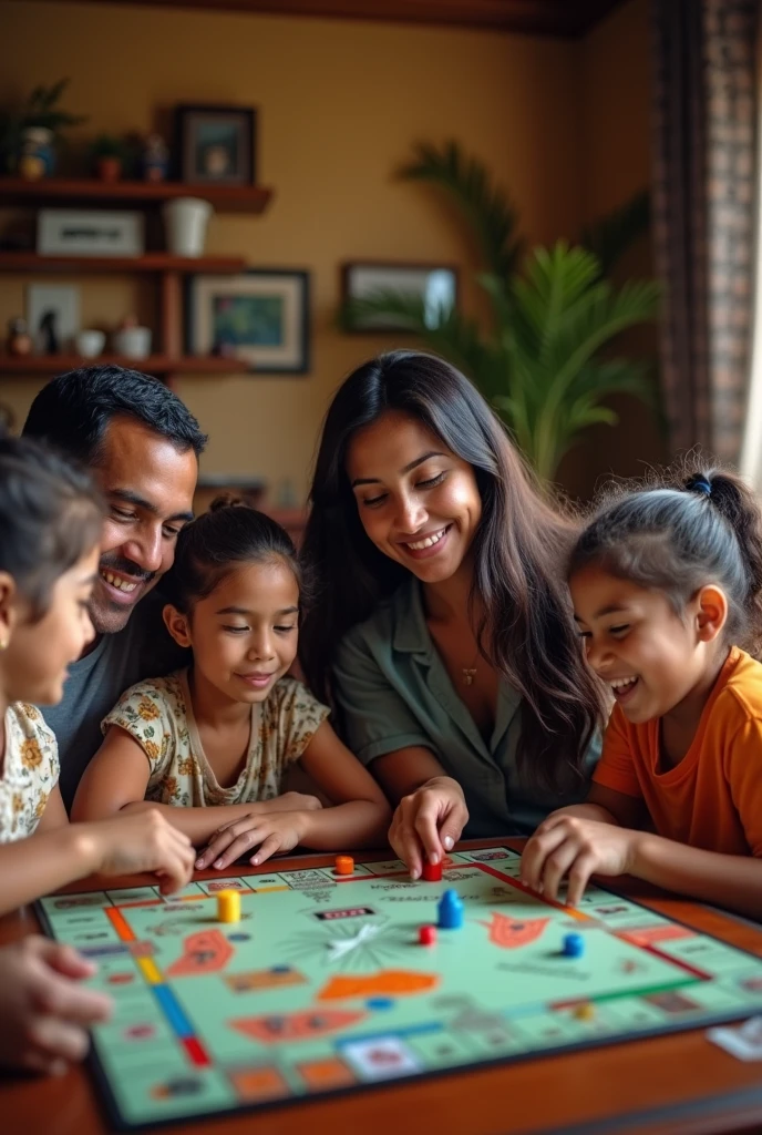 Realistic photo of a Latin American family, Baba, mother and two daughters playing Monopoly in the living room