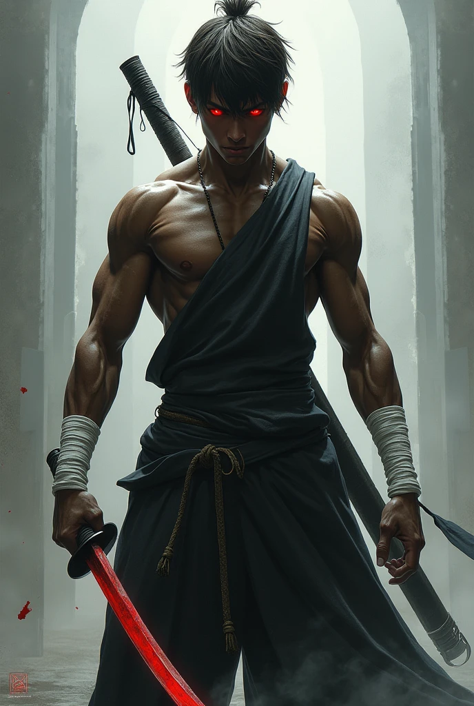 A young, dark-skinned, muscular man with brown hair and deep red eyes with a red katana and white wristbands and black pants