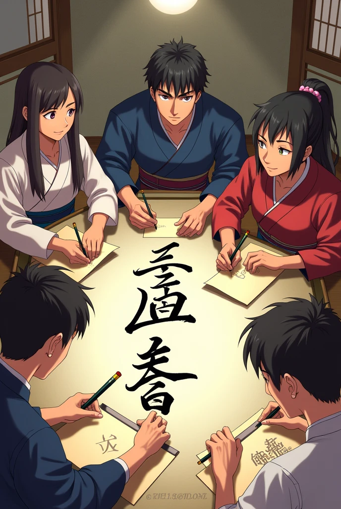 Many Japanese characters writing jiragana a sheet of paper in complex kanji 